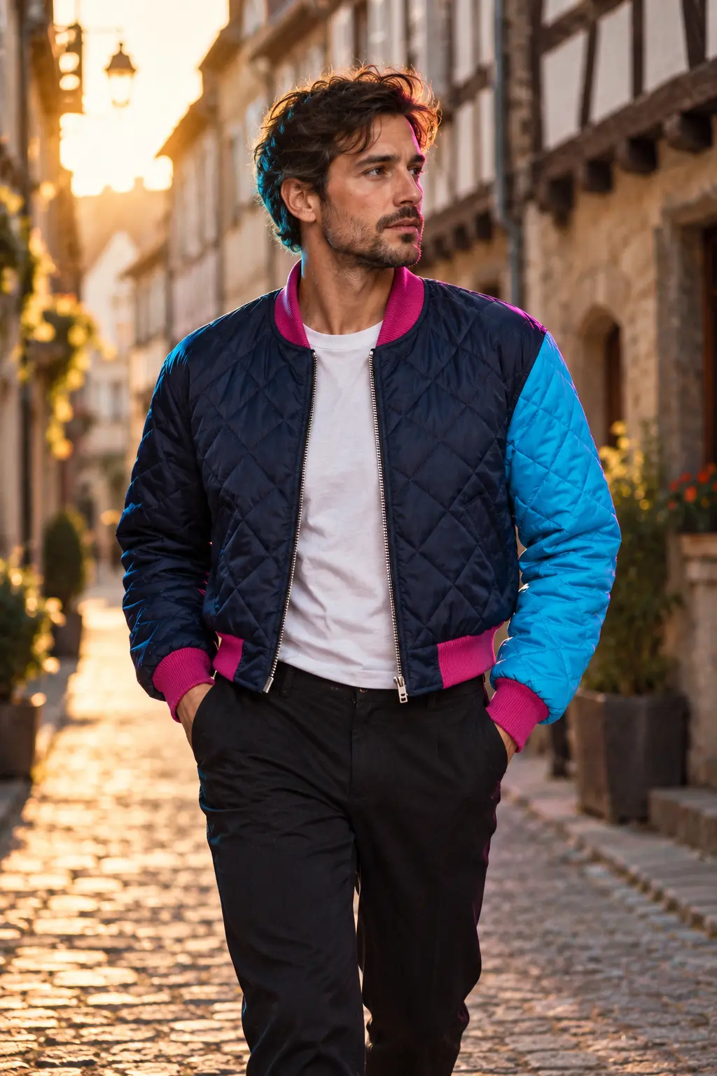 Ein Mann trägt die produzierte Jacke in einer Altstadtgasse.