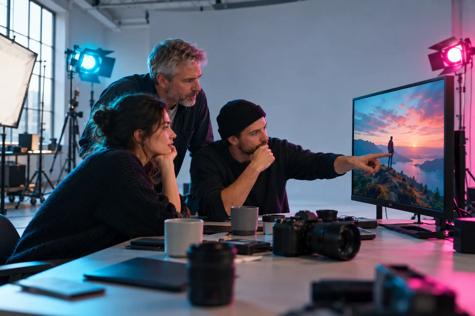 Ein kleines Team aus einer Marketingabteilung sichtet am Monitor das Material eines Drehs.