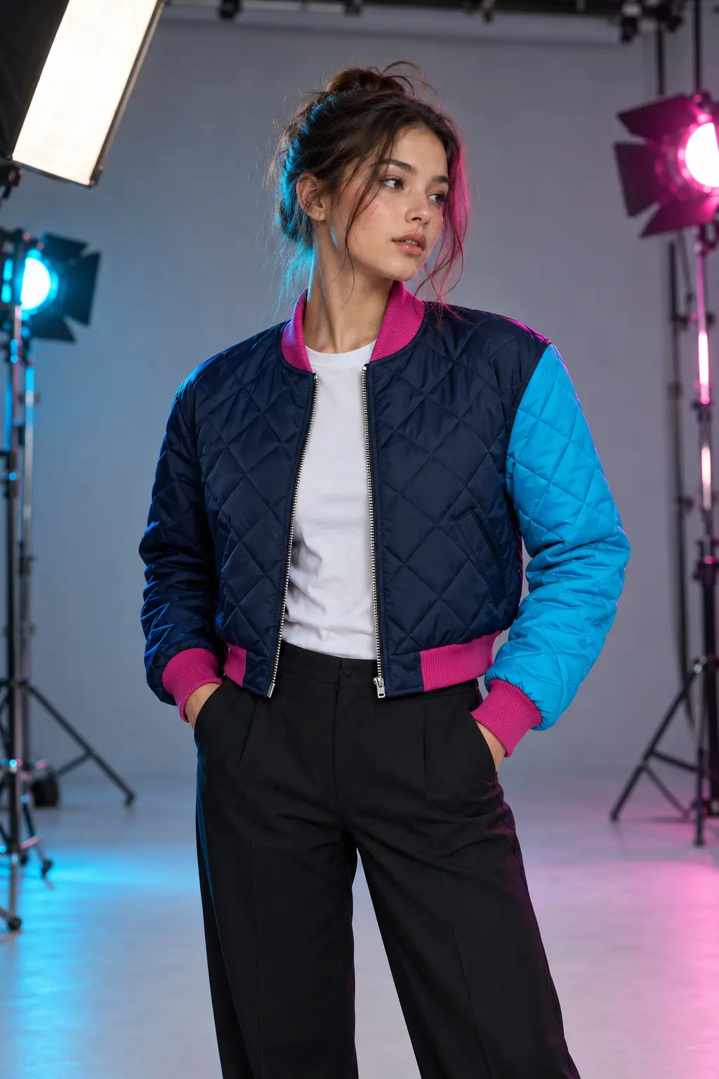 Eine KI-generierte Influencerin trägt eine kurze, gesteppte Jacke in Navy mit cyanfarbenem Ärmel und magentafarbenem Kragen.