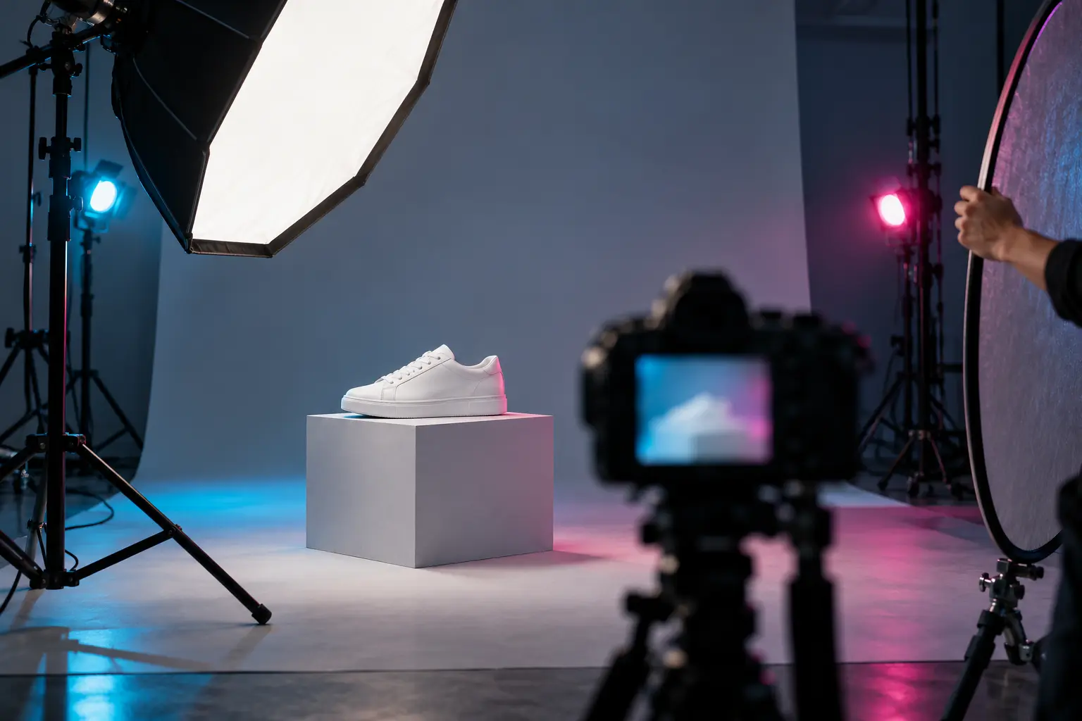 Produktfotografie im Studio: Ein Turnschuh steht auf der Hohlkehle, eine Kamera auf Stativ und eine Softbox sind darauf gerichtet.