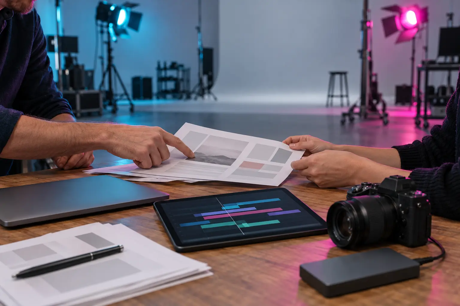 Projektbesprechung am Rand des Sets: Unterlagen, ein Tablet mit Projektplan und eine Kamera auf dem Tisch.